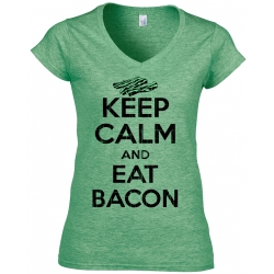 Keep Calm and Eat Bacon Heather Green V-Neck Ladies